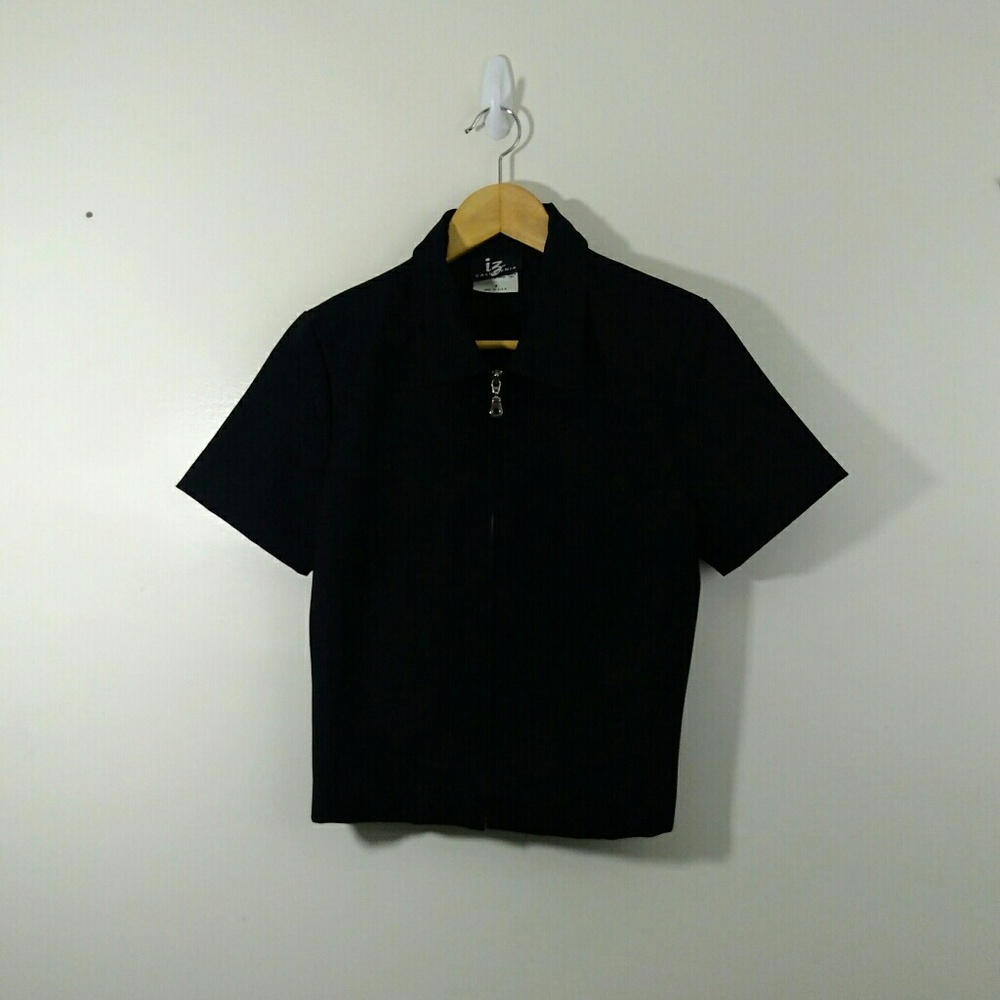 IZ California Black Zip-up Short-sleeve Blouse